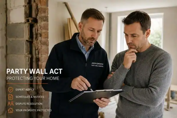 Party wall surveyor Islington discussing extension plans with homeowner outside a UK semi-detached house.